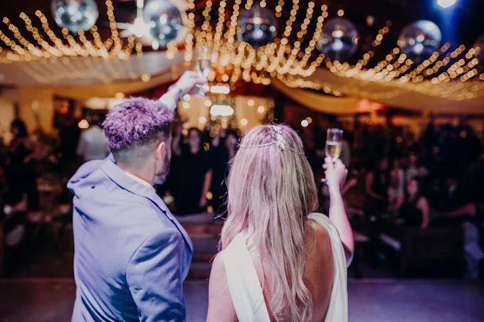 Los novios de espaldas levantan las copas bajo las guirnaldas de luces del salón